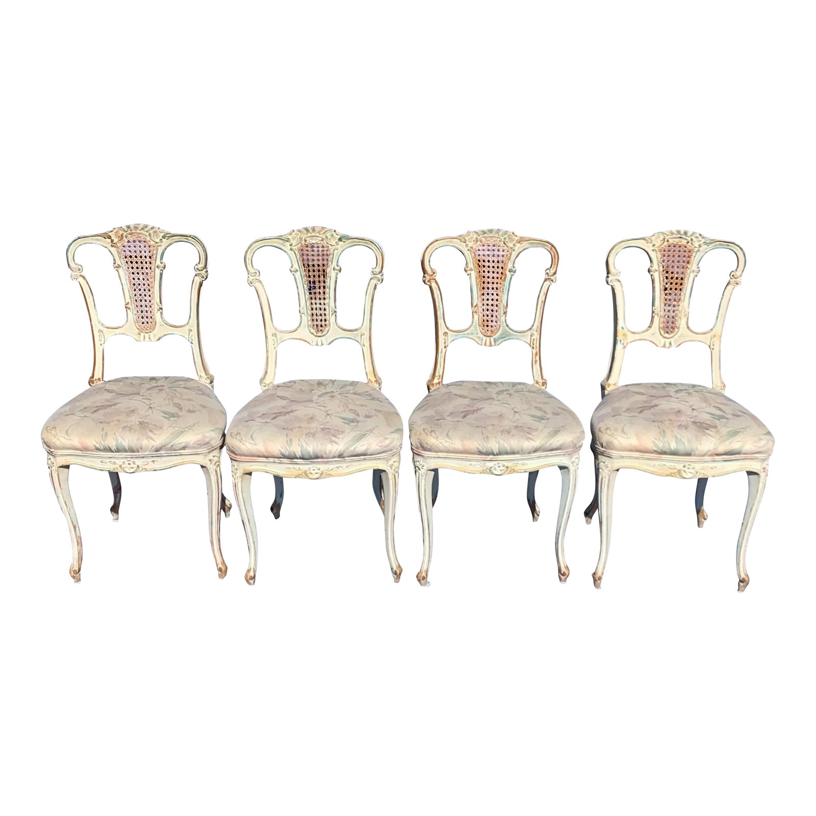 Antique French Provincial Painted Cane Side Chairs, Set of 4: French provincial side chairs with cane. Antique white finish with significant natural distressing. Condition: Alterations: Original Condition Unaltered Imperfections: Some Imperfections Condition