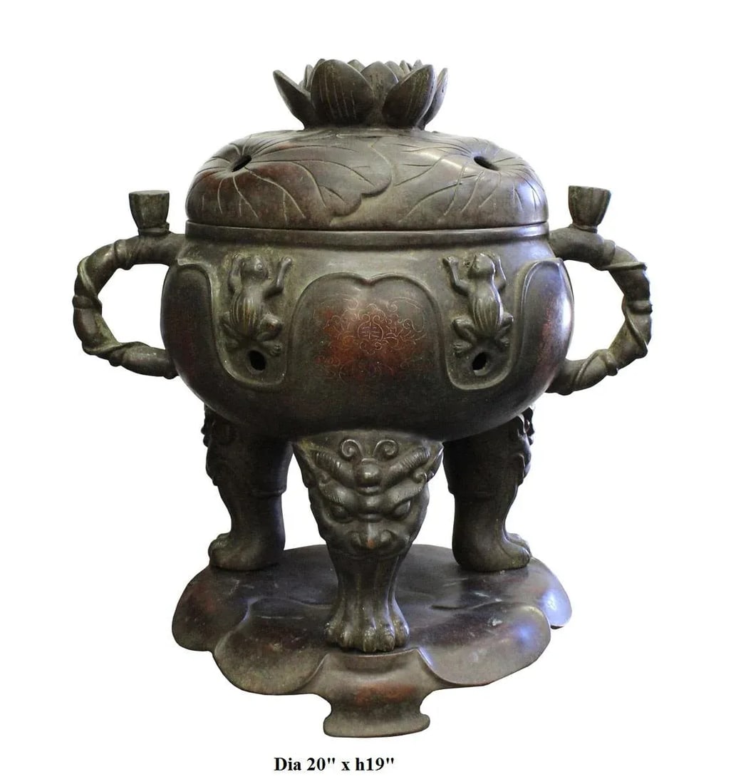 Vintage Chinese Lotus Theme Metal Ding Shape Incense Burner - 10