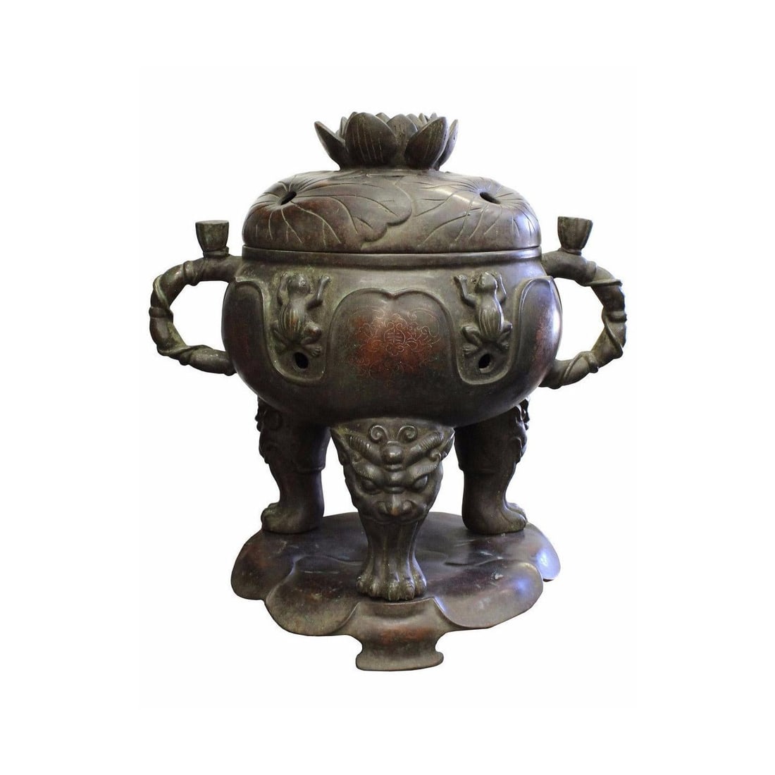 Vintage Chinese Lotus Theme Metal Ding Shape Incense Burner - 2