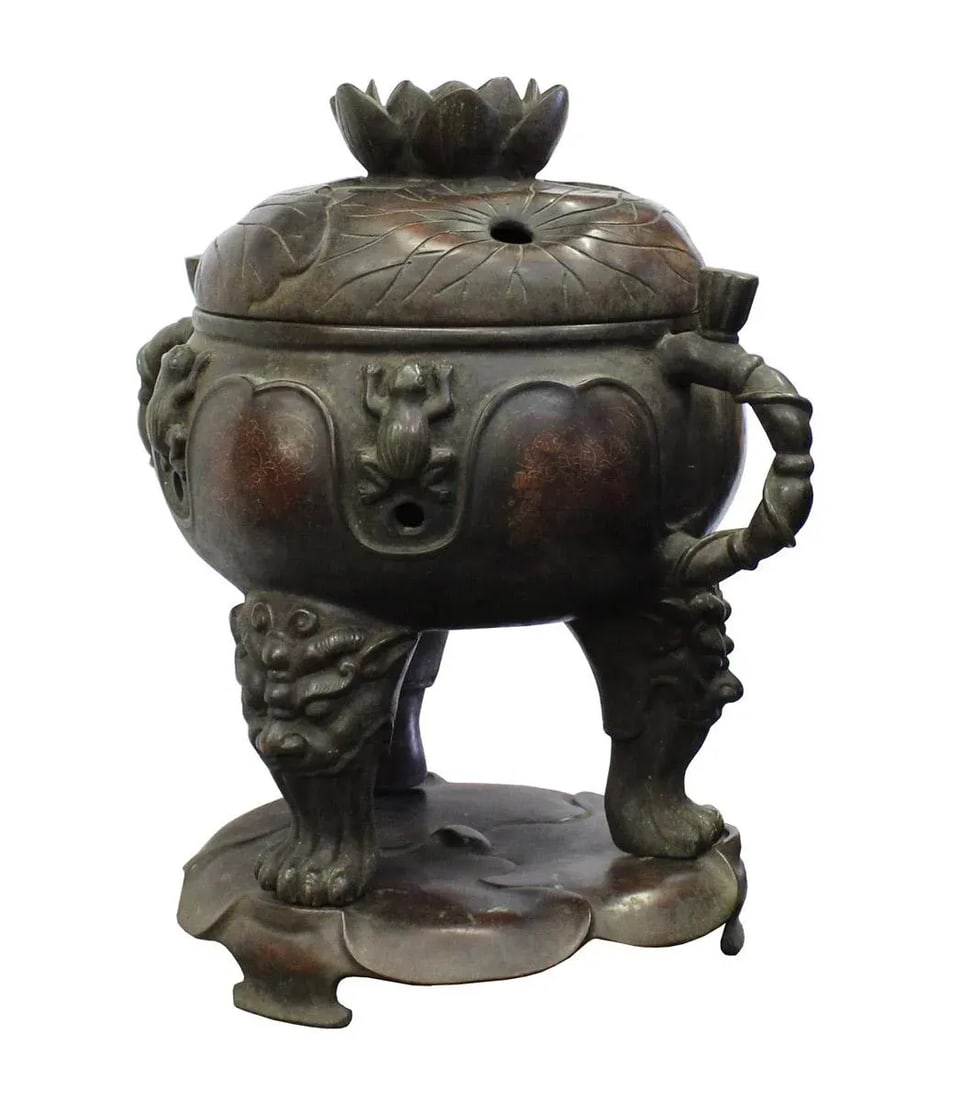 Vintage Chinese Lotus Theme Metal Ding Shape Incense Burner - 4