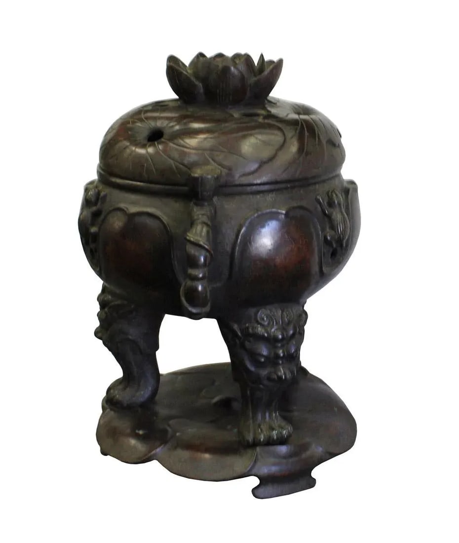 Vintage Chinese Lotus Theme Metal Ding Shape Incense Burner - 5