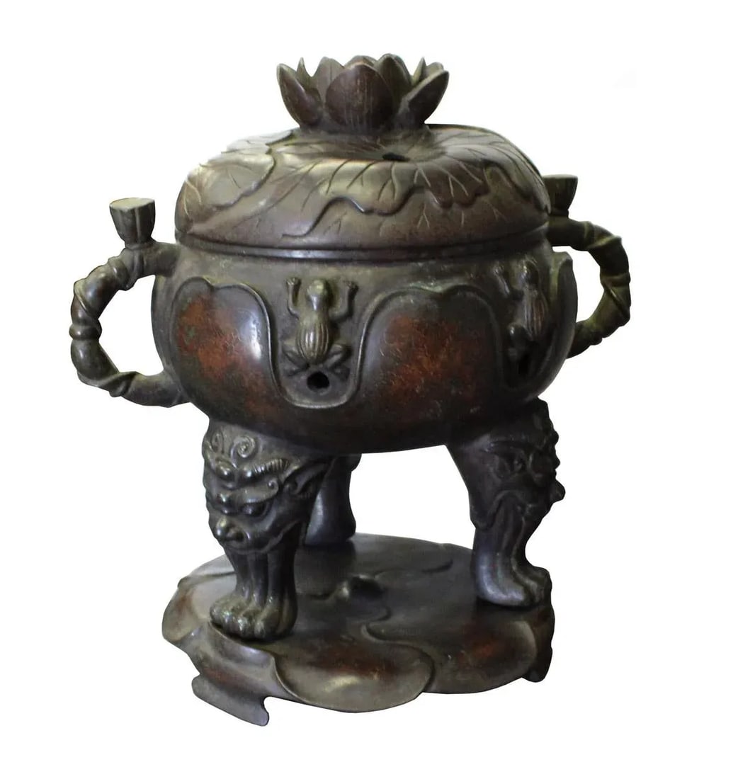 Vintage Chinese Lotus Theme Metal Ding Shape Incense Burner - 6