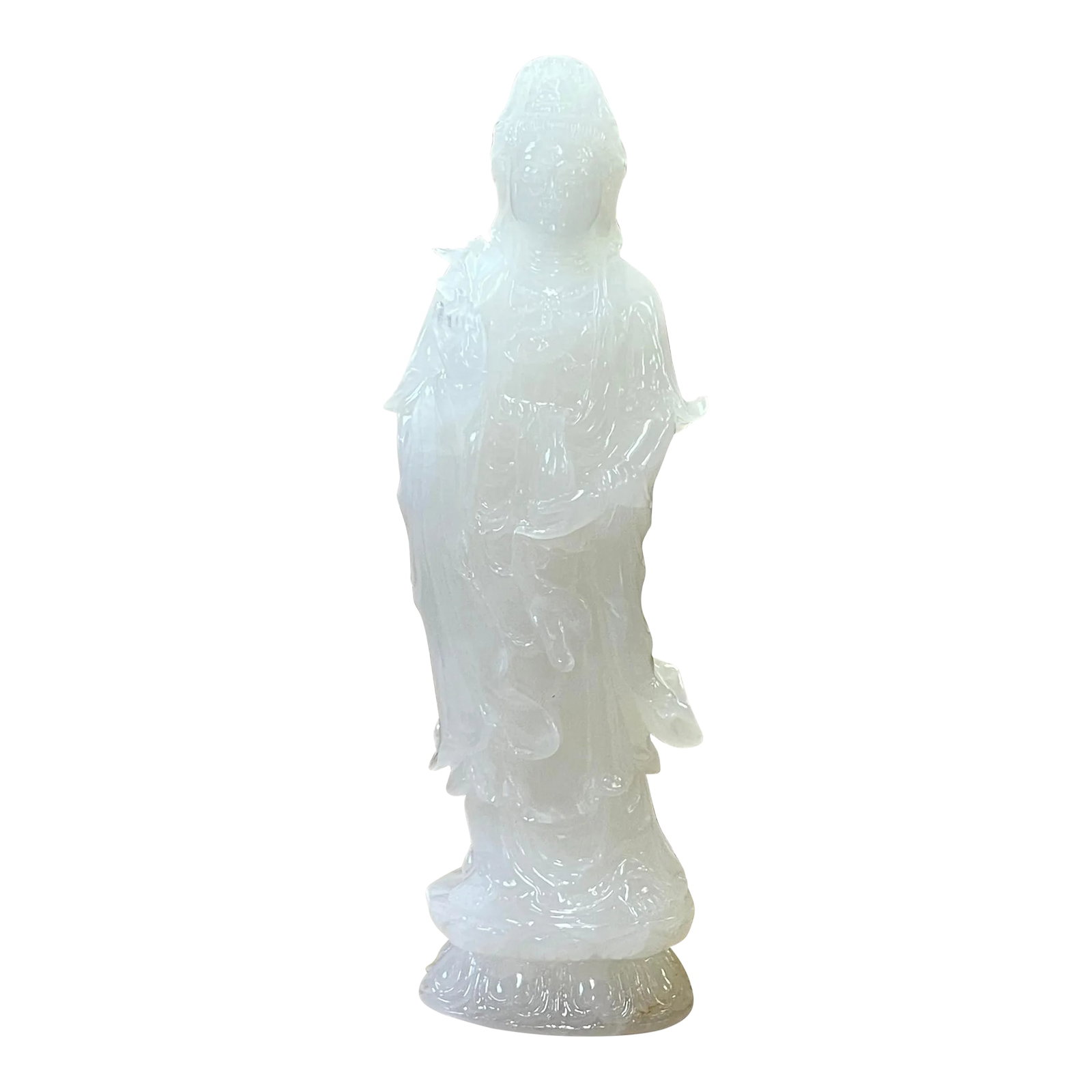 Chinese Off White Stone Standing Kwan Yin Bodhisattva Statue: This is a simple carved Chinese Standing Buddha Kwan Yin Bodhisattva statue with natural white tone stone color. Dimensions: 5"x 3" x h15.5" Origin: China Material: Natural Color Stone - Pakistan