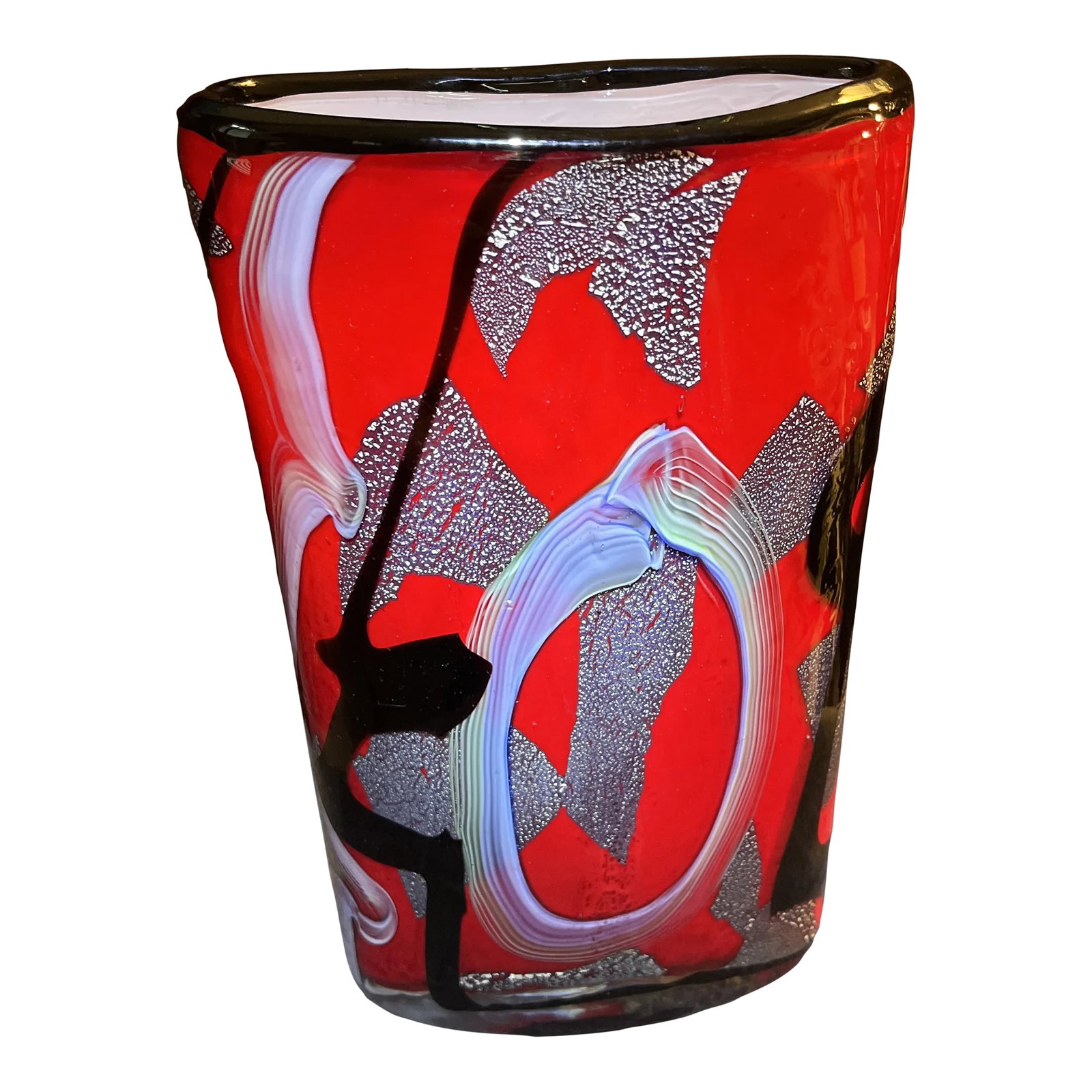 Mid 20th Century Abstract Murano Glass Vase: This hand blown Murano Glass Vase is a vibrant red with opaque swirls of blue and green countered by streaks of rich black. There's wonderful gold flecking that really pops in natural light. Original