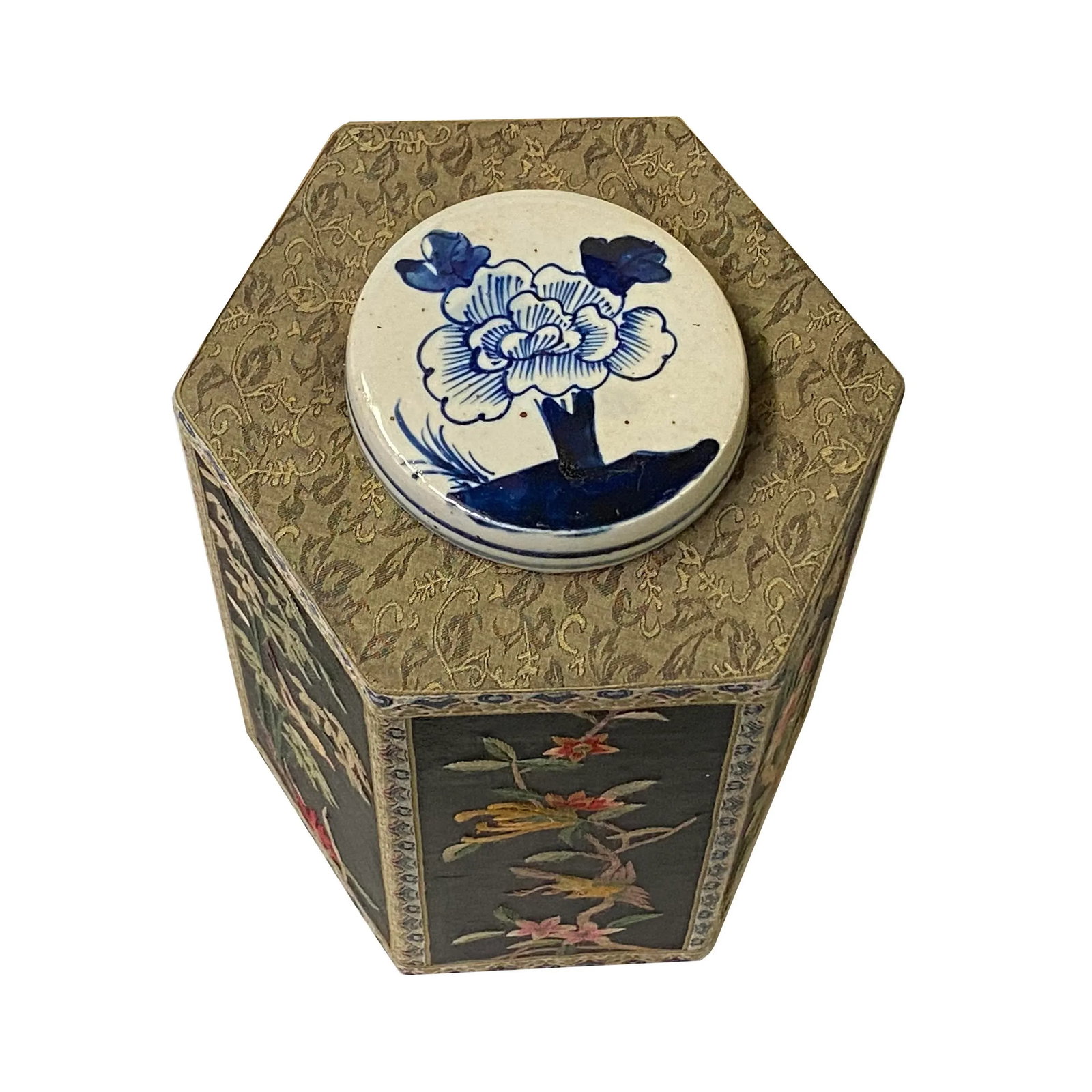 Chinese Black Hexagon Container Flower Birds Embroidery Porcelain Cover - 10