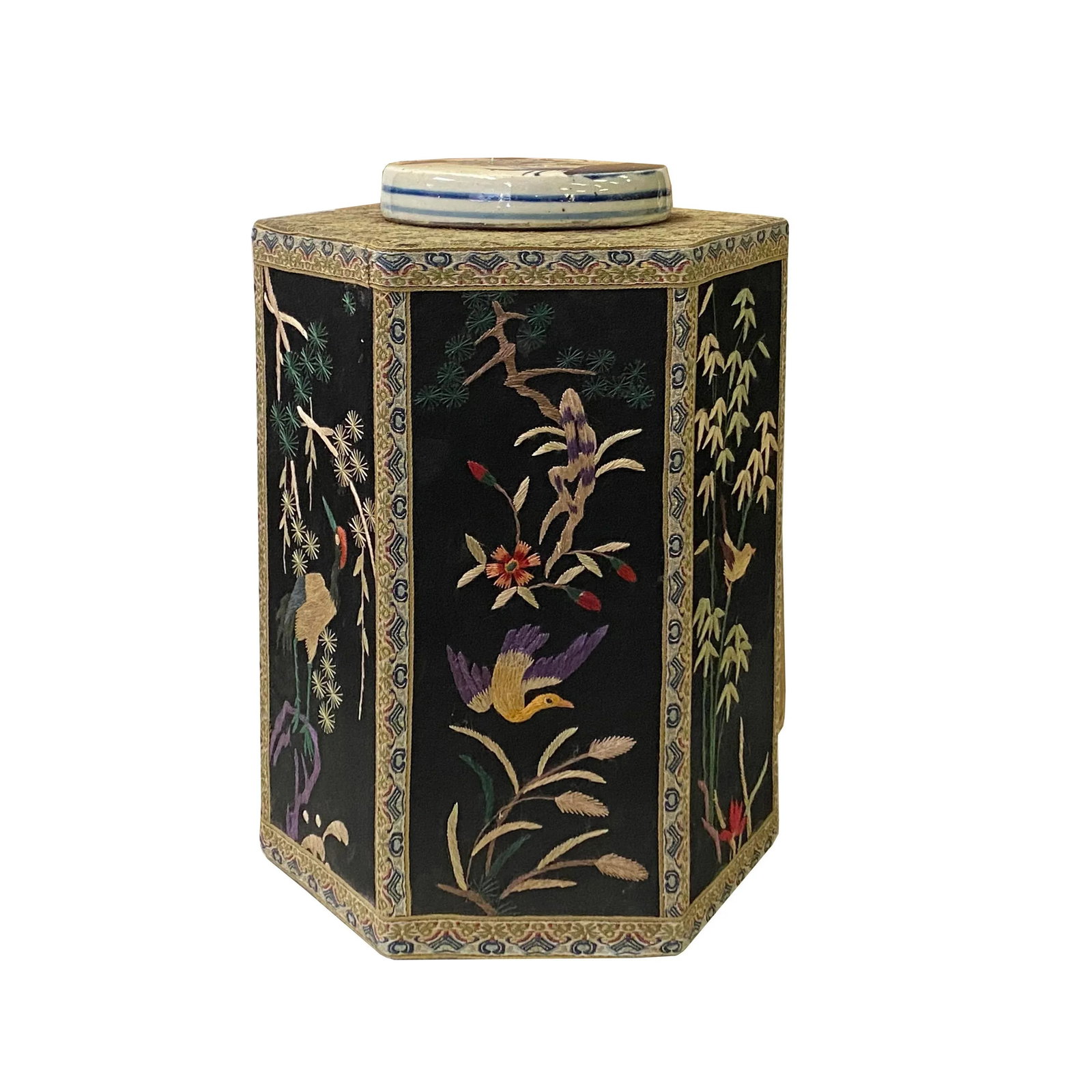 Chinese Black Hexagon Container Flower Birds Embroidery Porcelain Cover - 11