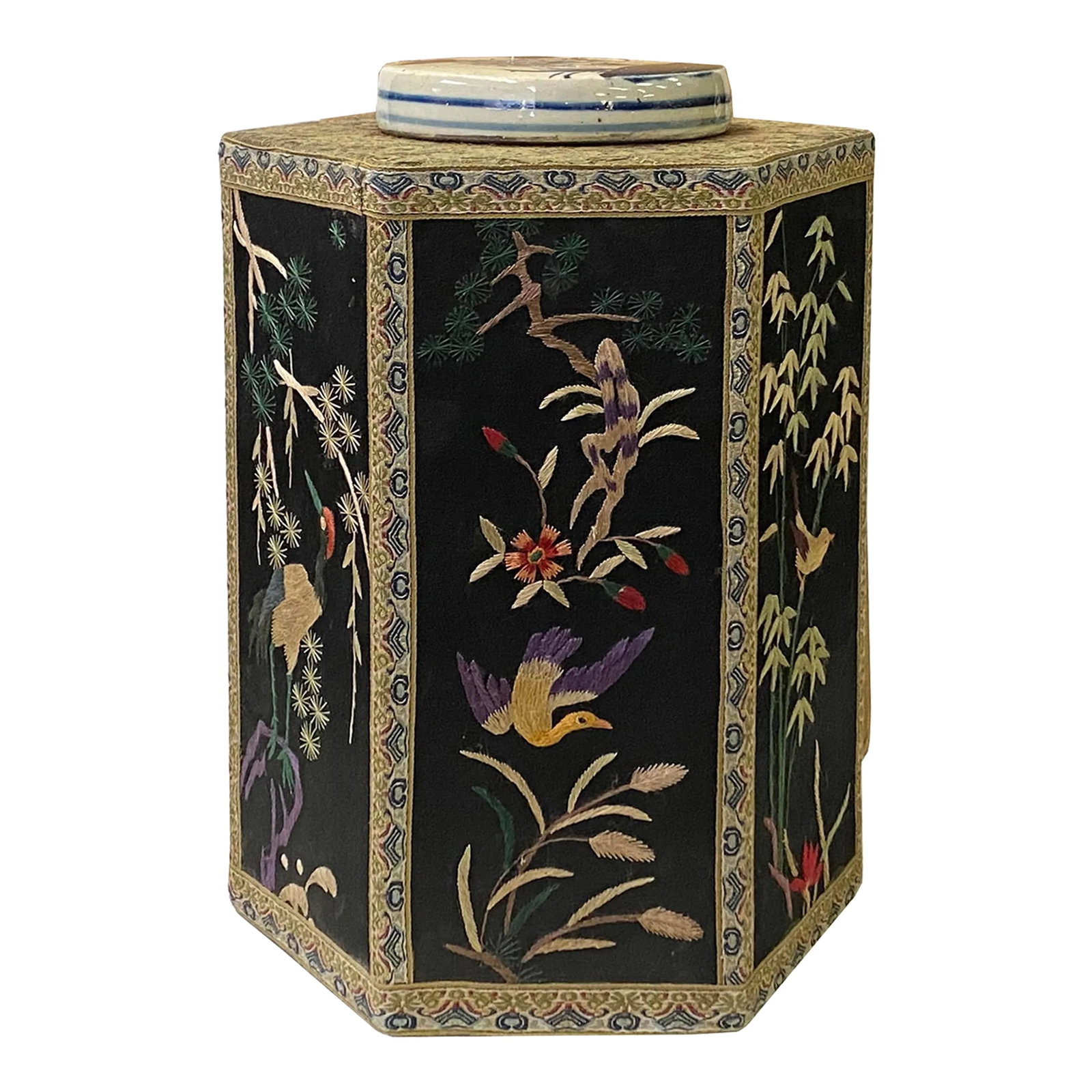 Chinese Black Hexagon Container Flower Birds Embroidery Porcelain Cover: This is a hexagon shape box covered with hand embroidery artwork fabric. It is a special decoration piece for the room. Dimensions: 7.75" x d7.75"x h12" Origin: China Material: Wood, fabric