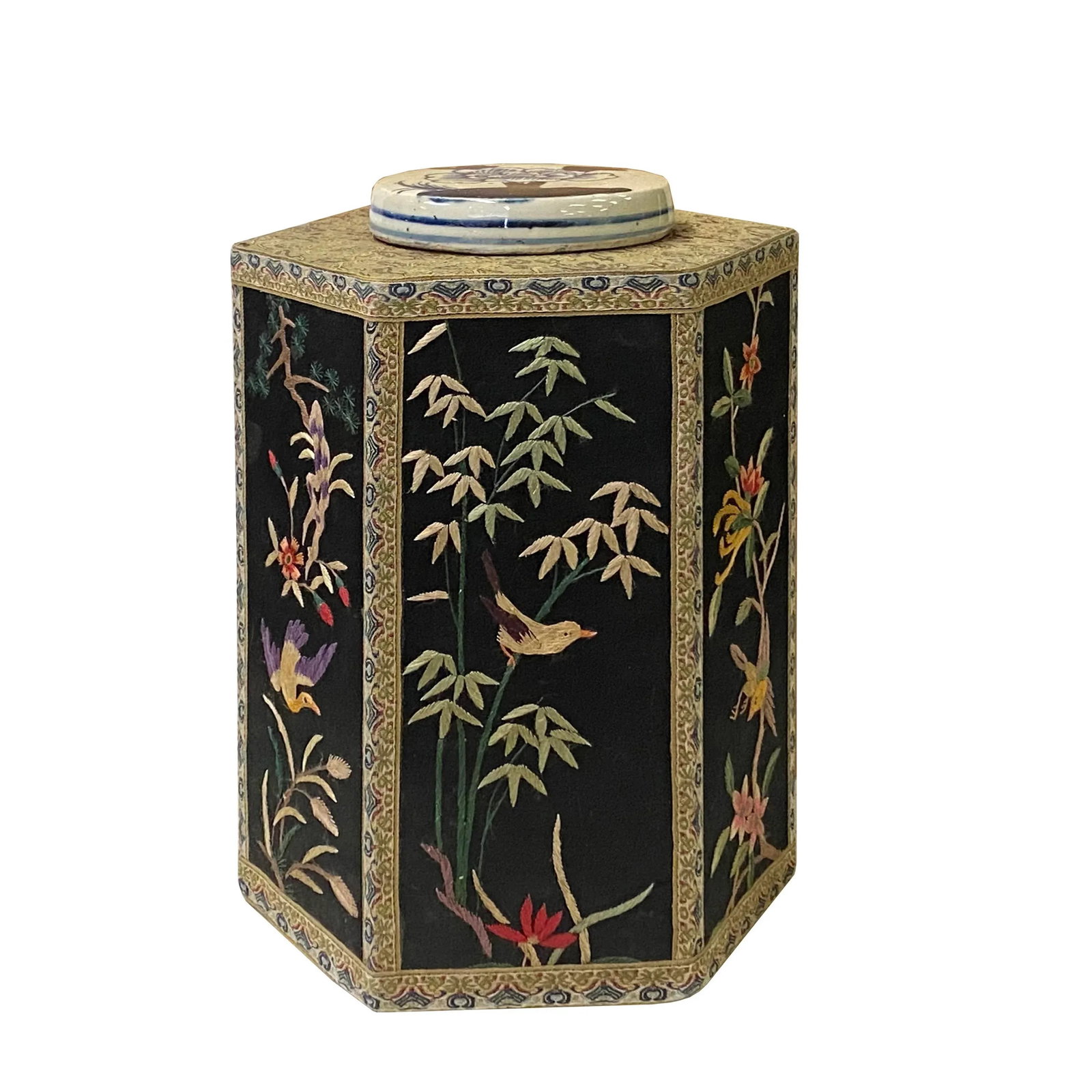 Chinese Black Hexagon Container Flower Birds Embroidery Porcelain Cover - 2