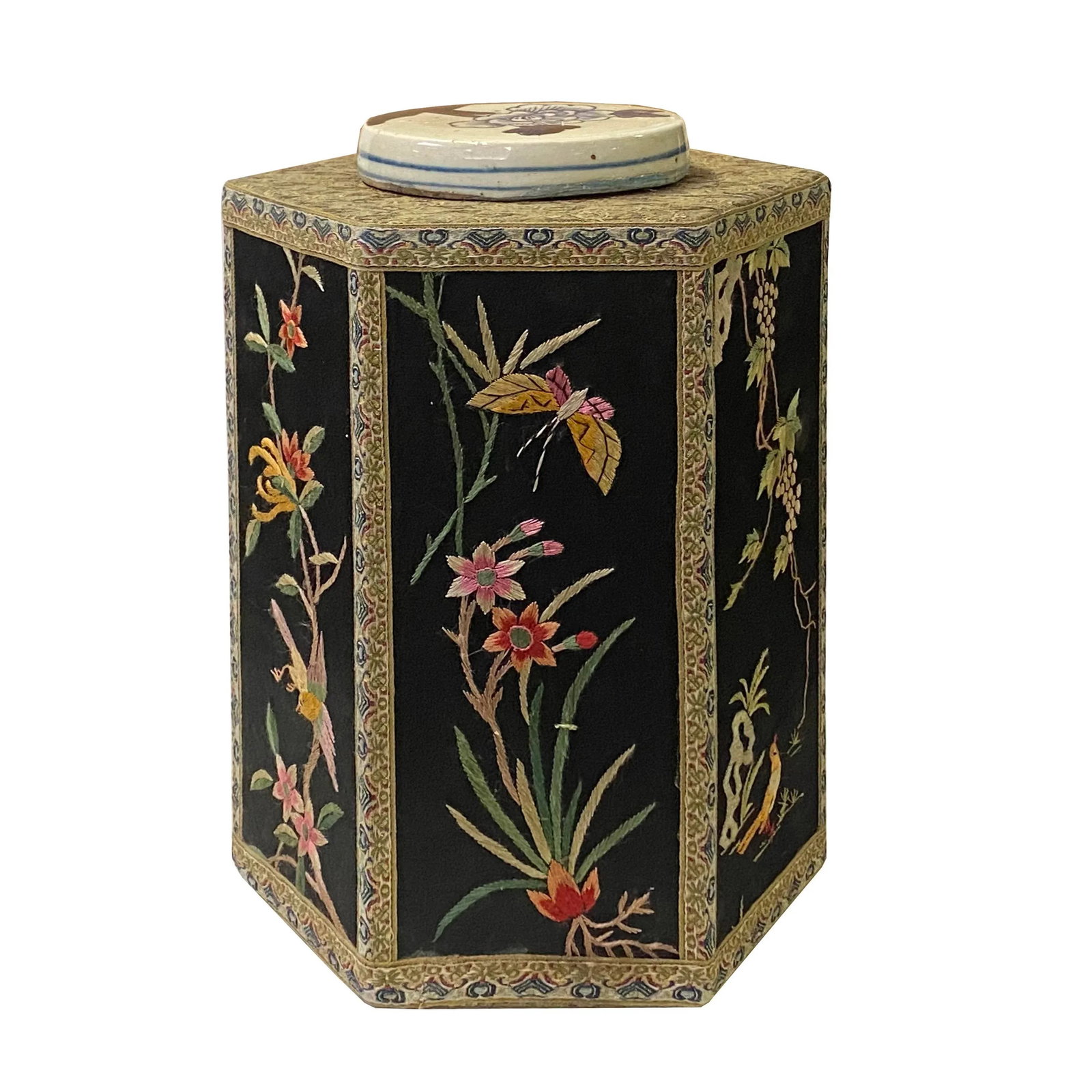 Chinese Black Hexagon Container Flower Birds Embroidery Porcelain Cover - 3