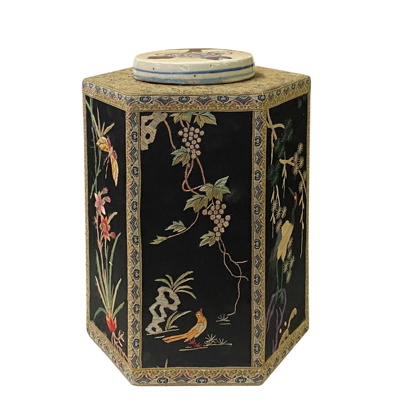 Chinese Black Hexagon Container Flower Birds Embroidery Porcelain Cover - 4