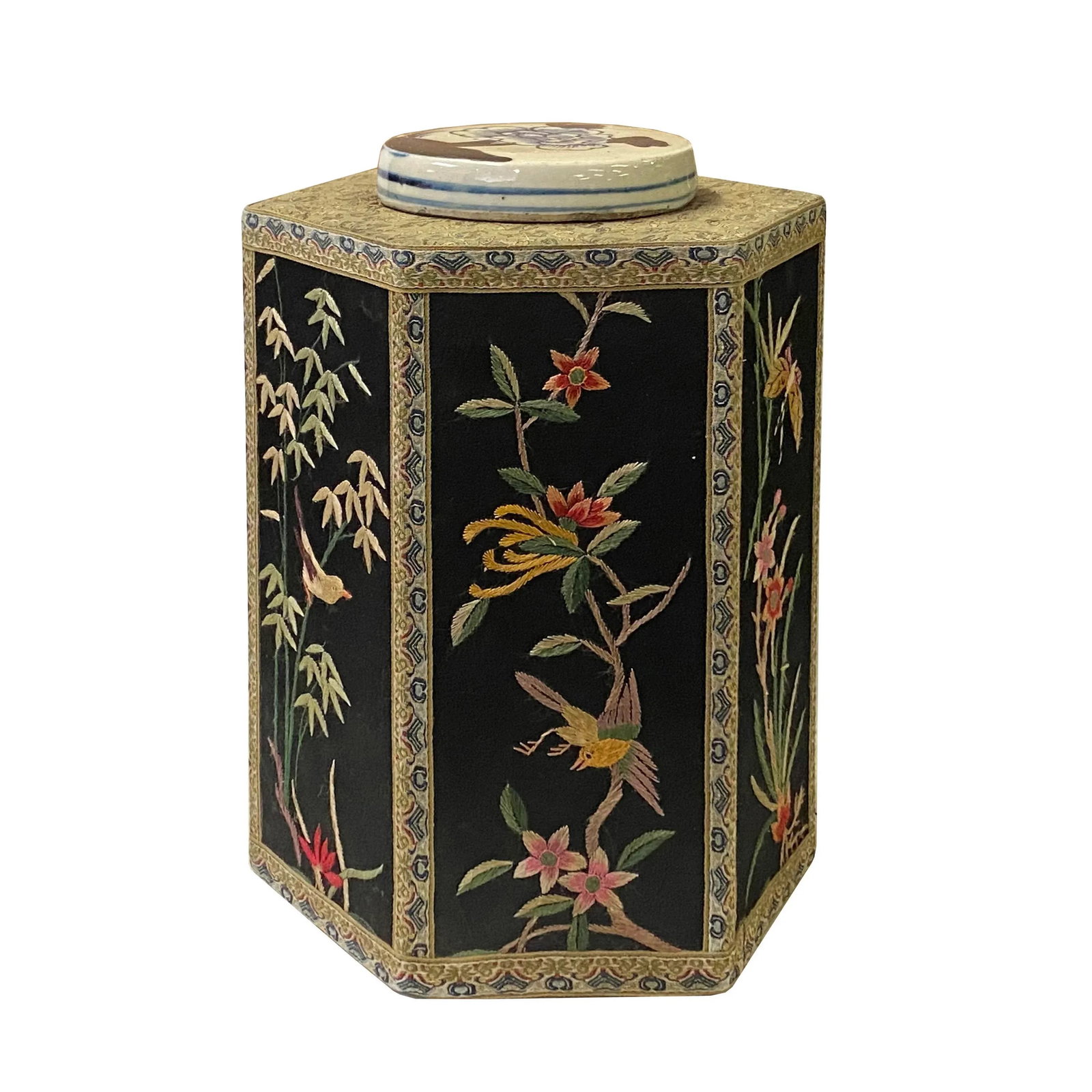 Chinese Black Hexagon Container Flower Birds Embroidery Porcelain Cover - 5
