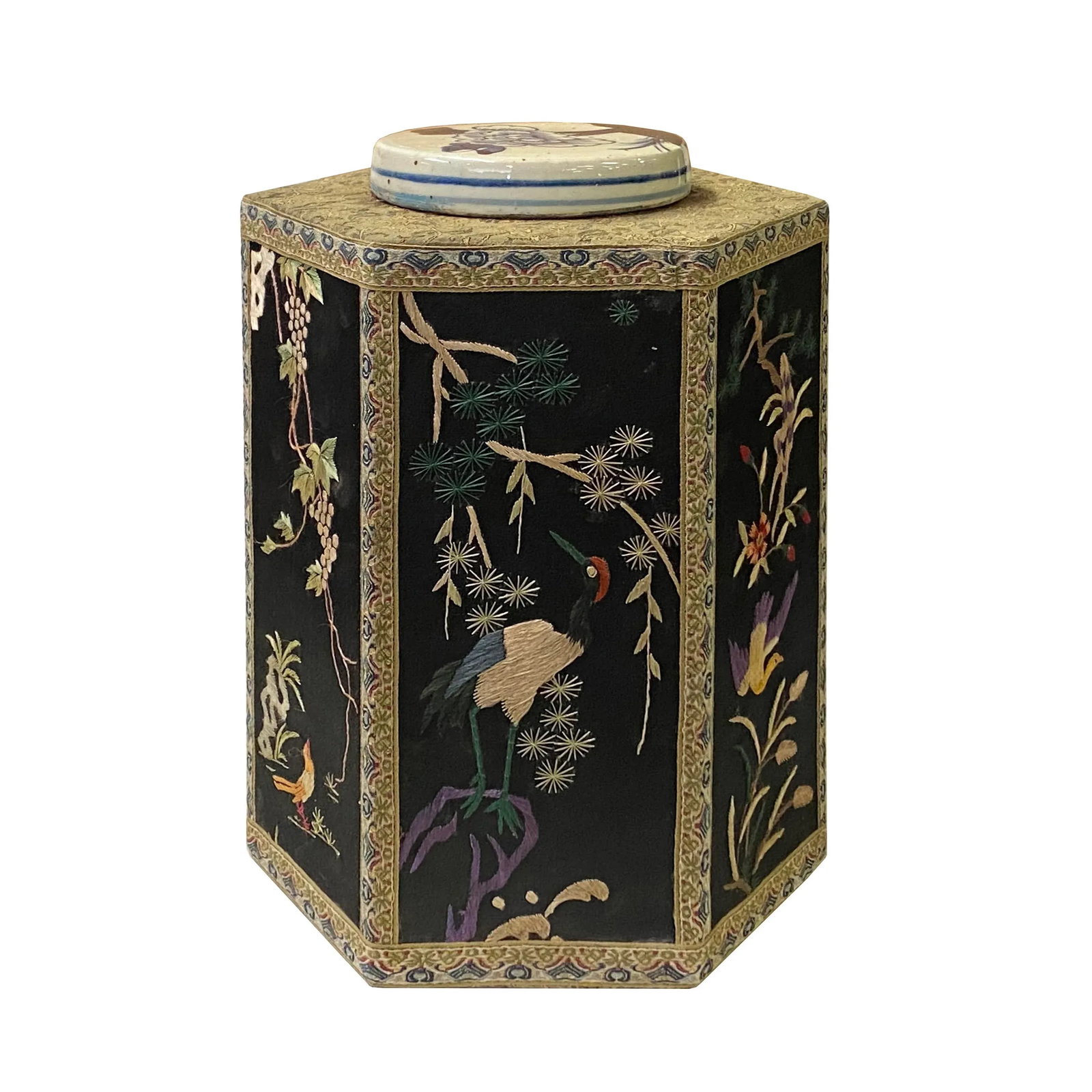 Chinese Black Hexagon Container Flower Birds Embroidery Porcelain Cover - 6