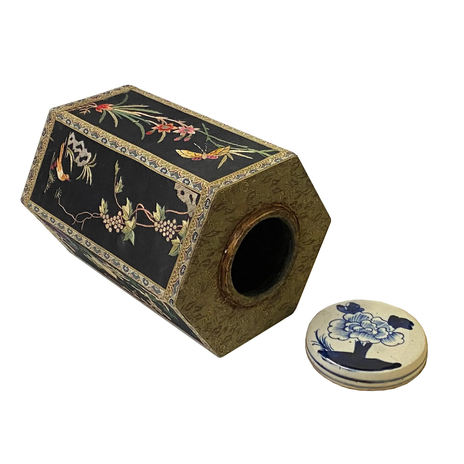 Chinese Black Hexagon Container Flower Birds Embroidery Porcelain Cover - 7