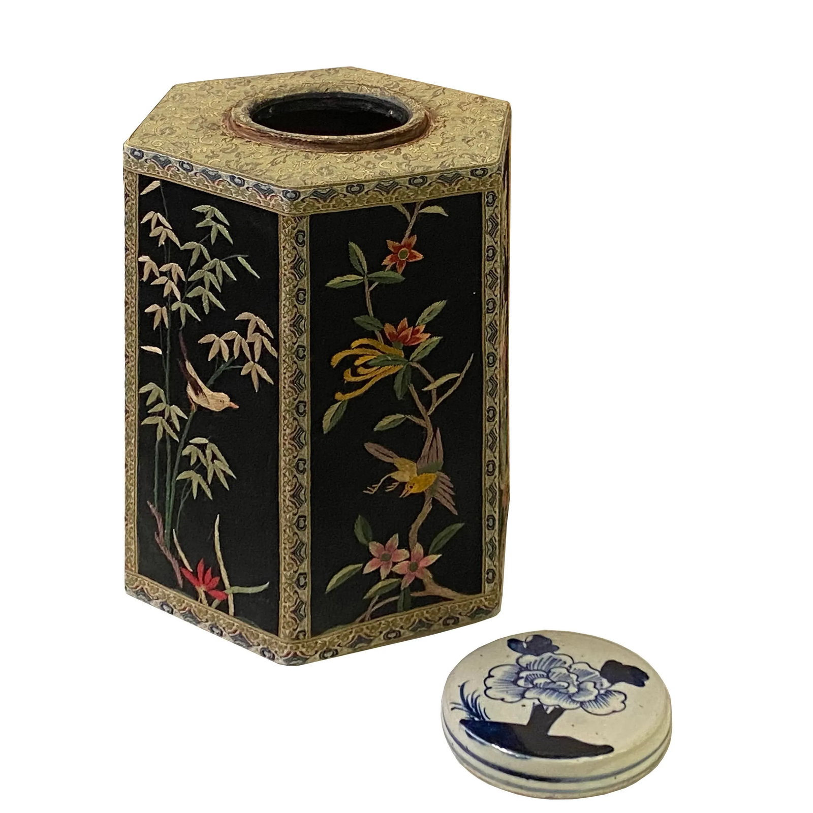 Chinese Black Hexagon Container Flower Birds Embroidery Porcelain Cover - 8