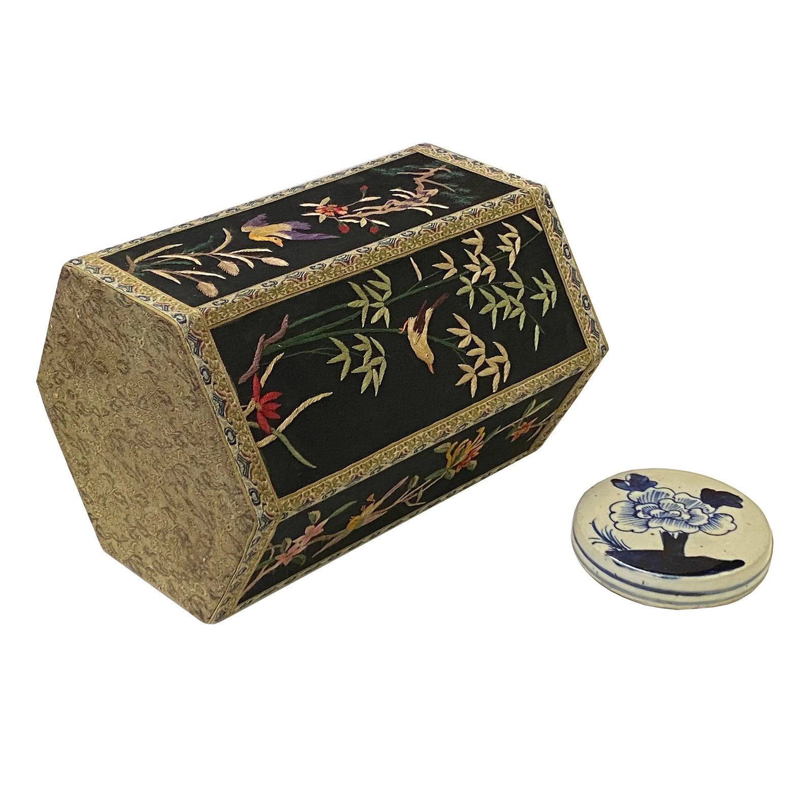 Chinese Black Hexagon Container Flower Birds Embroidery Porcelain Cover - 9