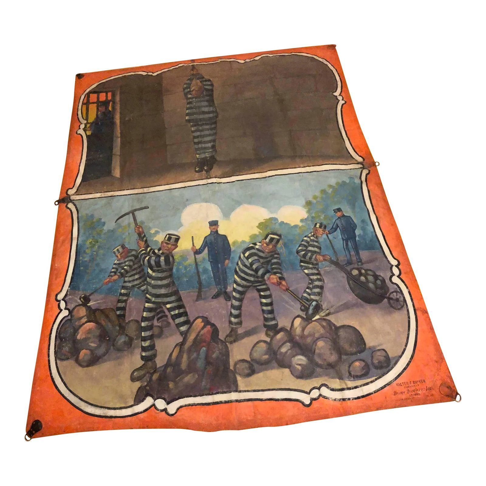 Americana Giant Painting on Canvas Attributed to Fred Johnson: Americana giant painting on canvas attributed to Fred Johnson. This monumental painting has two prisoner scenes. There are six metal hooks attached to leather fasteners that are attached to the