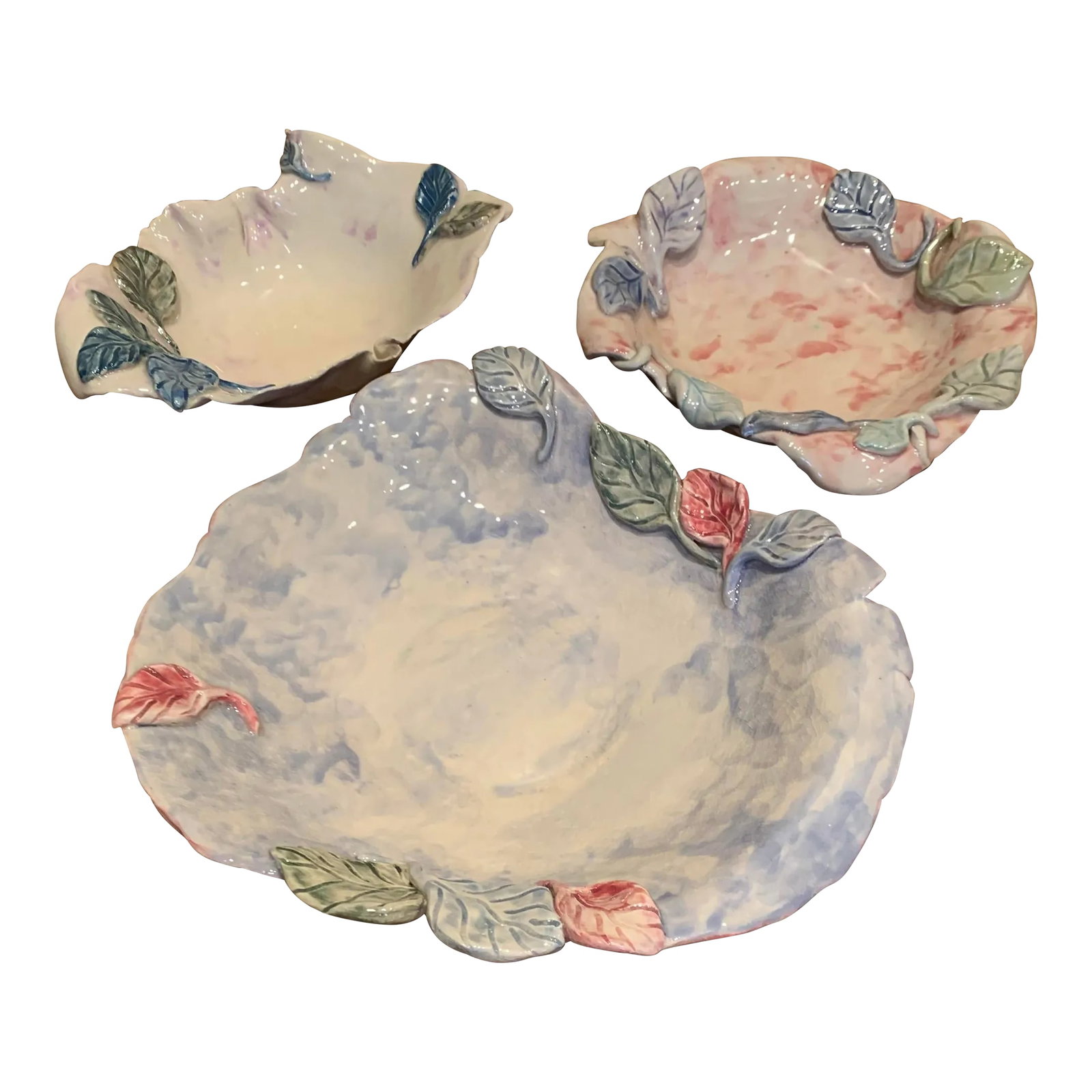 Vintage Decorative Plates- Set of 3: Hand crafted and spun by Debra Berger this set of 3 collectible plates are elegantly crafted with raw organic clay and painted in light pastel tones. Plate sizes are: 12" x 12" x 2 1/2" 9" x 9" x 2