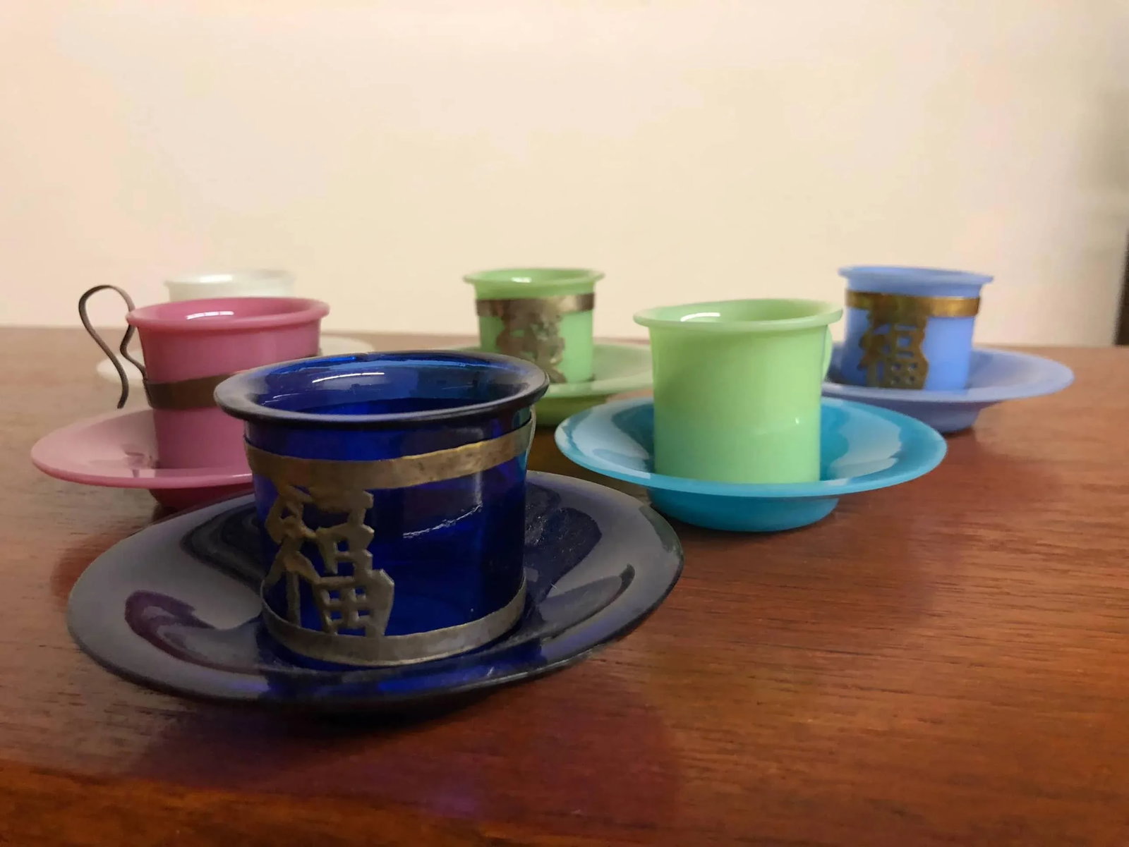 Old Chinese Peking Glass Cup and Saucers - Set of 6 - 8