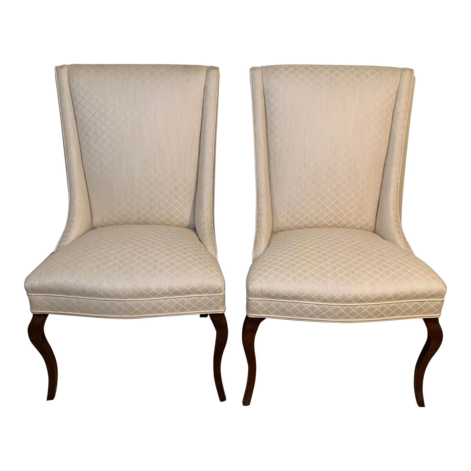 Mid 20th Century Dining Head Chairs- Set of 2: Vintage walnut dining arm chairs upholstered in diamond pattern Condition: Alterations: Original Condition Unaltered Imperfections: Some Imperfections Condition Notes: Overall good and strong conditio
