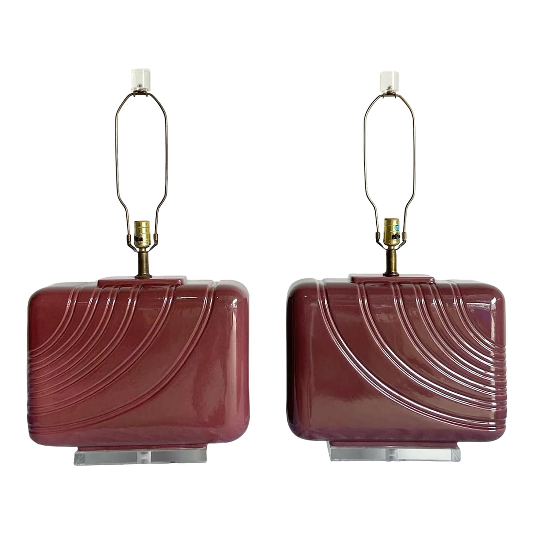 Postmodern Purple Ceramic and Lucite Oversized Table Lamp - a Pair: Incredible pair of vintage postmodern ceramic table lamps with a lucite base and finial. Each feature a large rectangular ceramic body with a purple finish. Condition: Alterations: Original Condition 