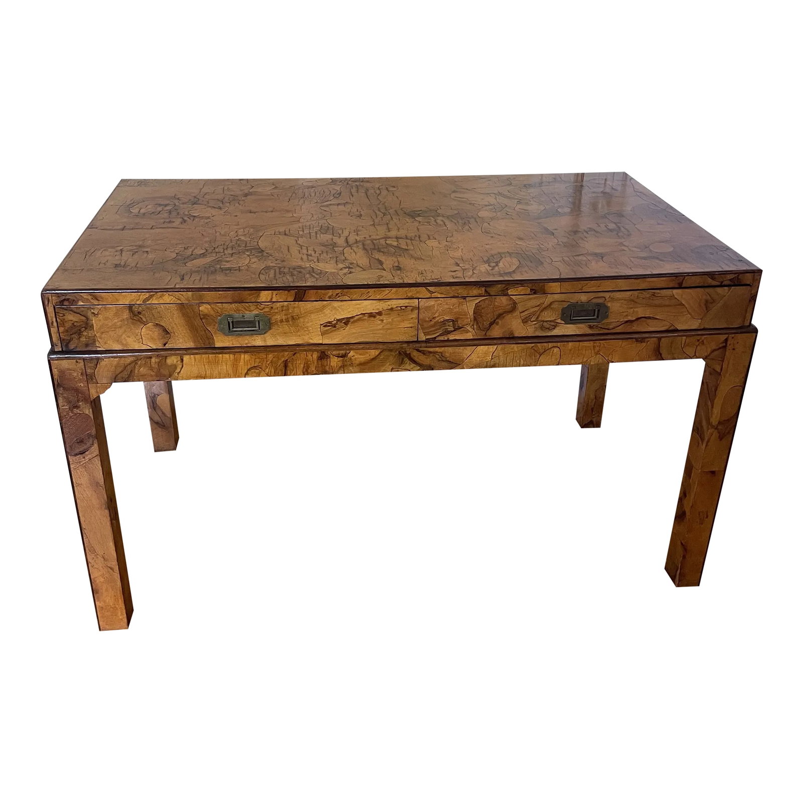 Early 20th Century Vintage Olive Wood Italian Desk: Very chic writing desk with two drawers with campaign style pulls. The olive wood gives it life. The boxy rectangular shape gives it timeless style. Condition: Alterations: Unknown Imperfections: Some