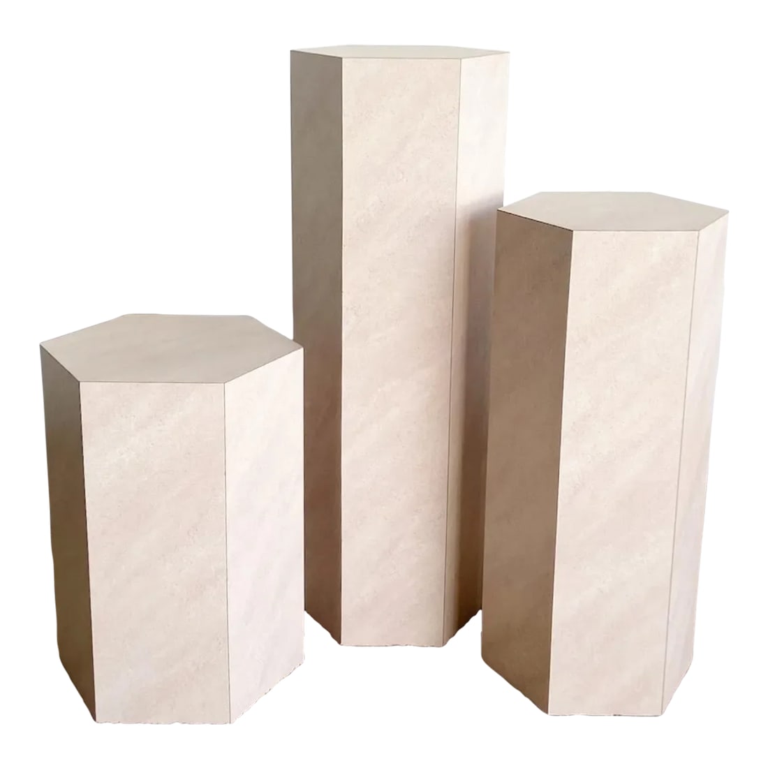Postmodern Lavender Textured Laminate Hexagonal Nesting Side Tables/Pedestals: Amazing vintage postmodern hexagonal nesting tables/pedestals. Each feature a textured lavender and pink laminate. Medium measures 28"H Small measures 13"W, 15"D, 20"H Condition: Alterations: