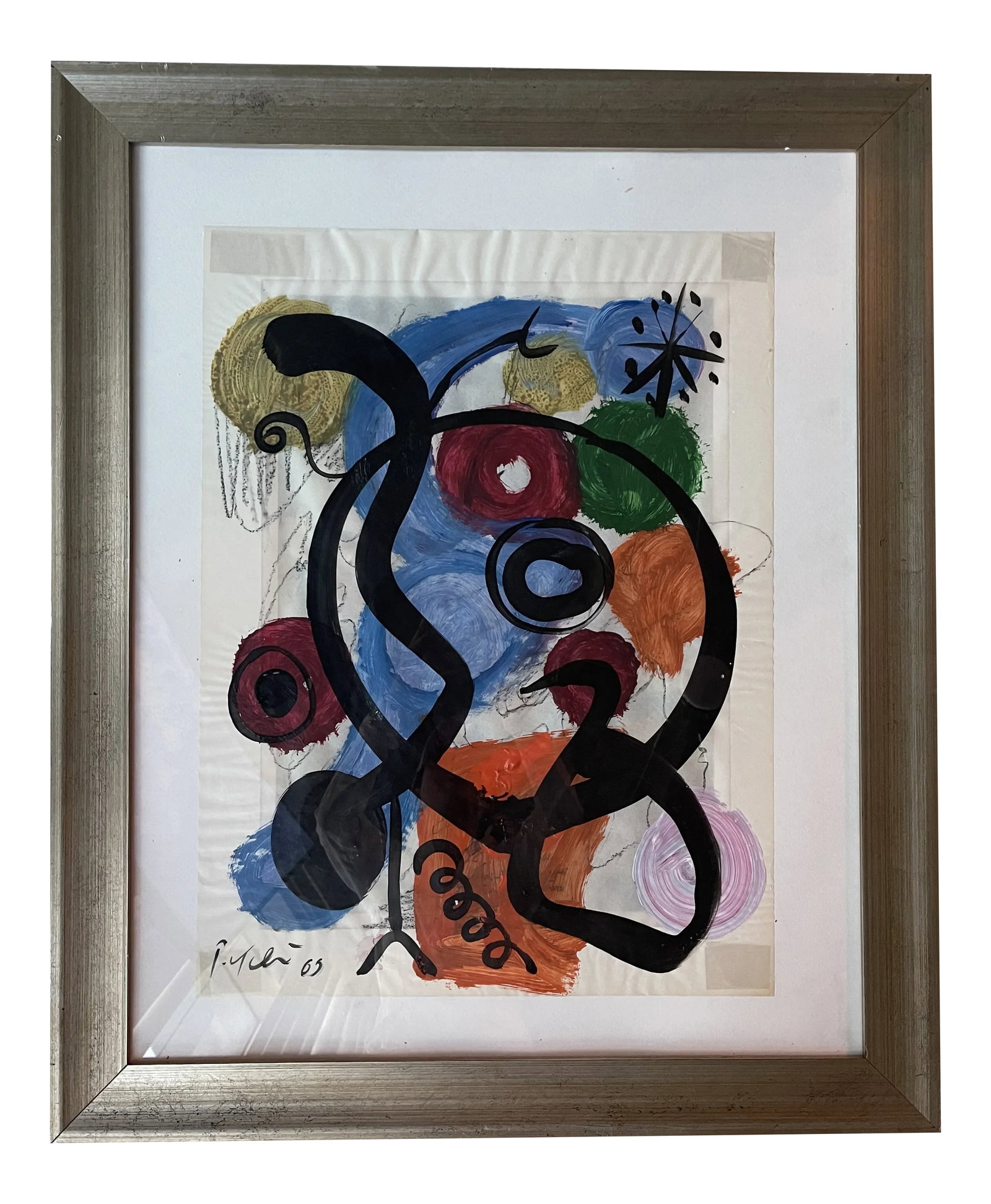 Mid 20th Century Abstract Expressionist Figurative Mixed-Media Painting by Peter Keil, Framed: Peter Keil is a German artist that focuses primarily on abstract expressionism. Keil painted with some of the greats including Joan Miró, Pablo Picasso and Andy Warhol, to name a few. This is an 