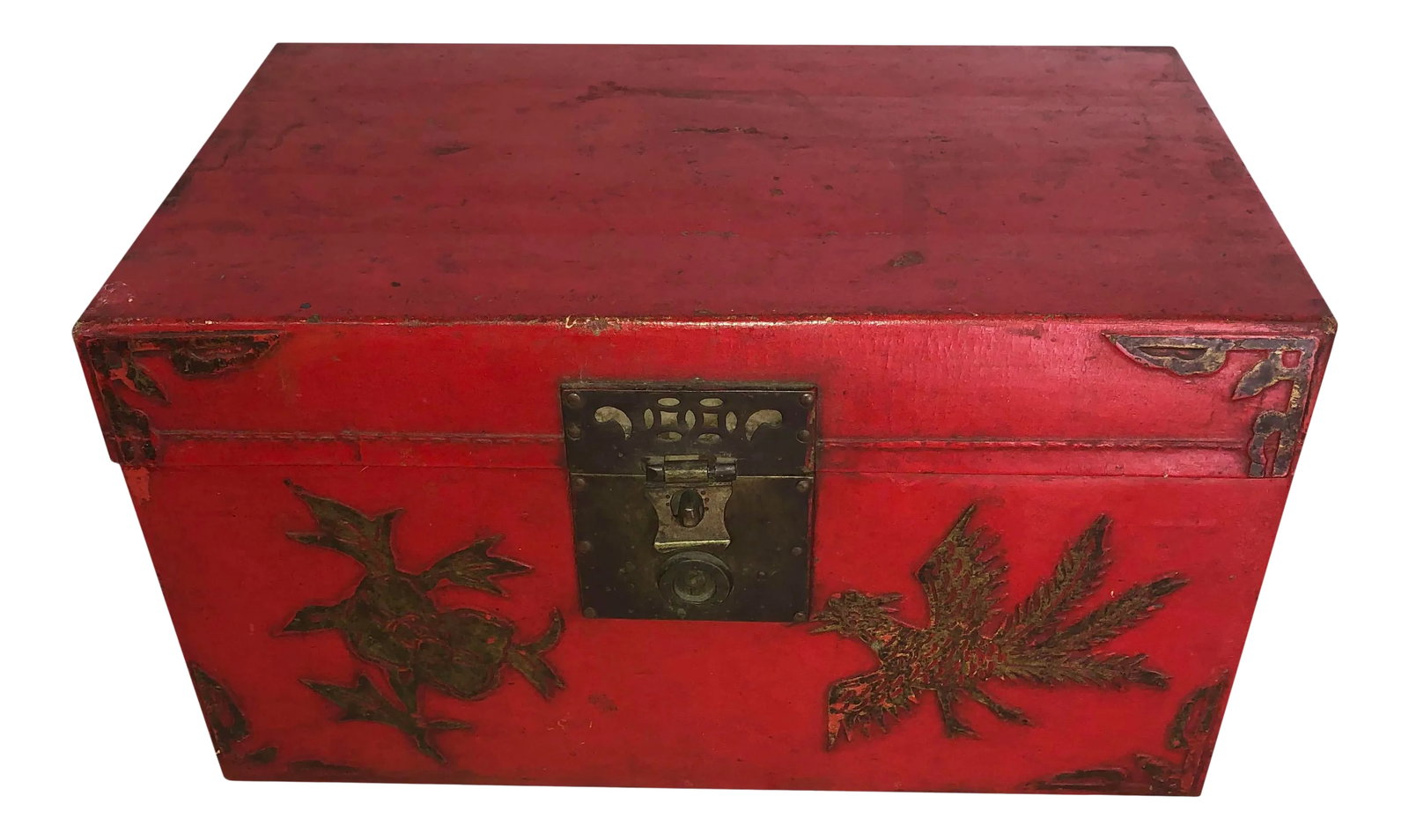 Antique Chinese Red Lacquer Box: A circa 1900 large red Chinese lacquer box. Box has birds on front, original clasp, ring handles on the sides and an original interior. Condition: Alterations: Original Condition Unaltered Imperfectio