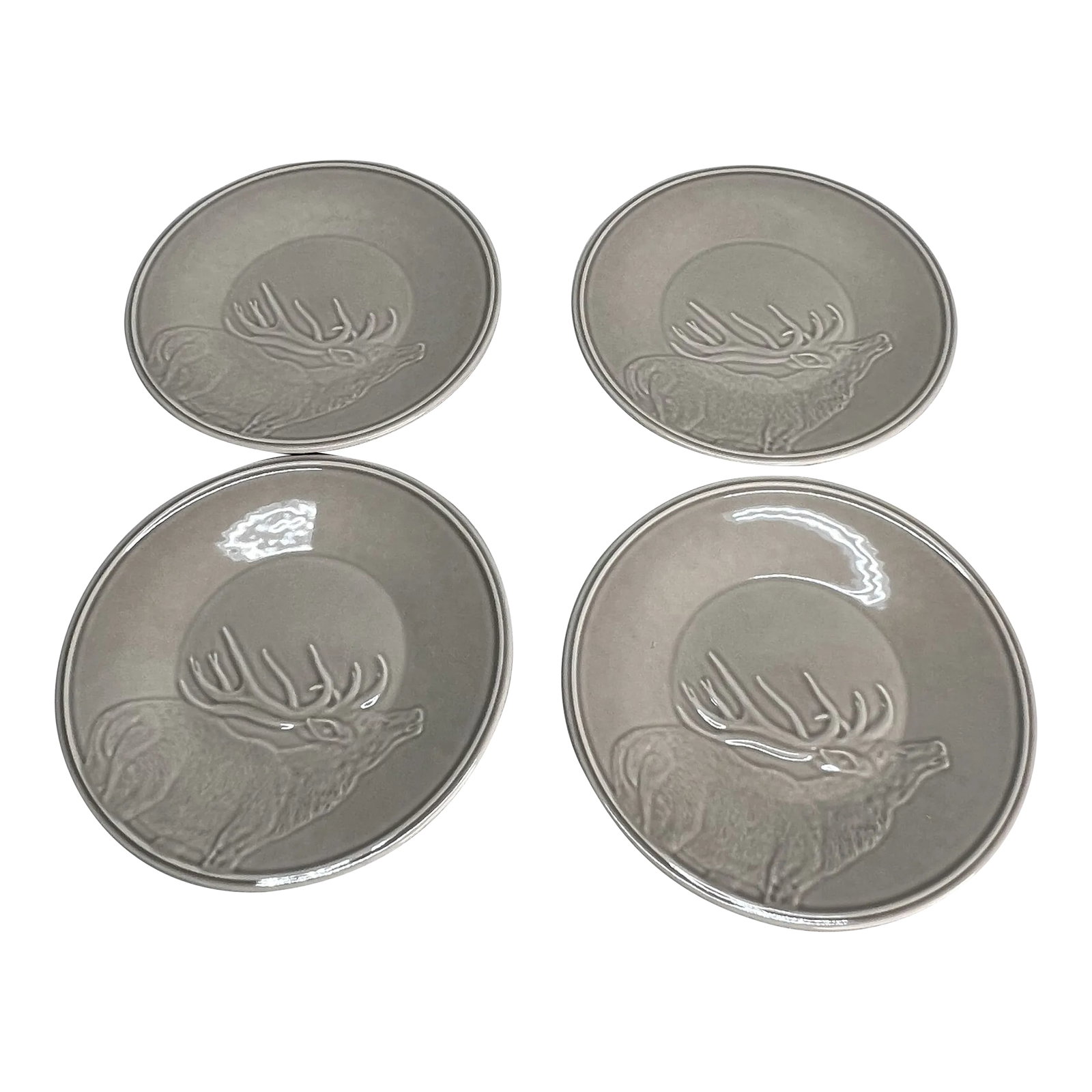 Elk / Moose Pattern Salad Plates, Portugal- Set of 4: Moose / Elk pattern salad plates in a neutral taupe color. Would be beautiful mix and match with any color. Measures 9" diameter. Maker: MatCeramica, Portugal. Condition: Alterations: Original