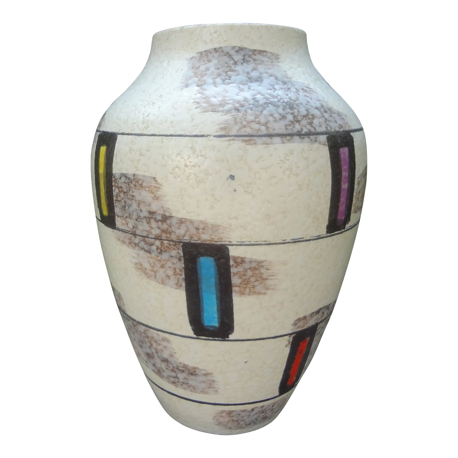 Midcentury Abstract Glazed Pottery Vase From West Germany: Mid-century Abstract Glazed Pottery Vase From West Germany. This lovely vase is executed in an interesting geometric abstract design in purple, yellow, red and turquoise on a cream colored background.