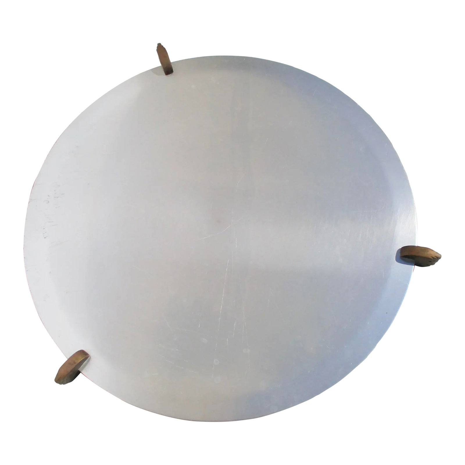Mid-Century Aluminum Serving Tray Circa 1950s': Marked Kensington and mounted by 3 bronze cloud-formed feet. Very elegant three-tiered clouds in a fine Art Deco manner. The size is 16" in diameter and 1.2" tall. A very shallow tray with a narrow ri