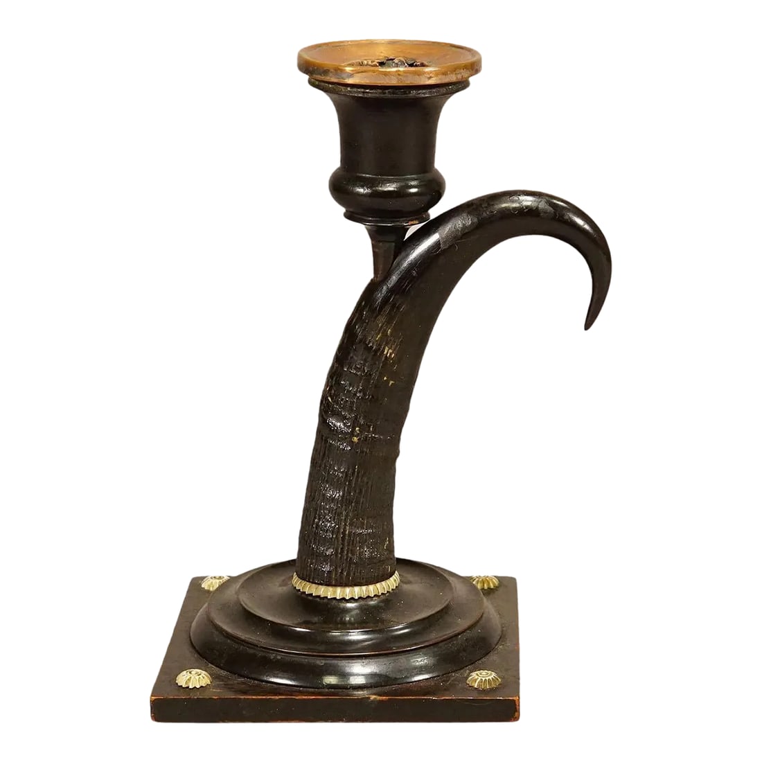 Antique Candle Stick With Real Chamois Horn, 19th Century: Antique Candle Stick With Real Chamois Horn, 19th Century A Victorian candle holder, made of horns from the chamois and the deer. The spout and base are made of ebonized wood. Spout with copper