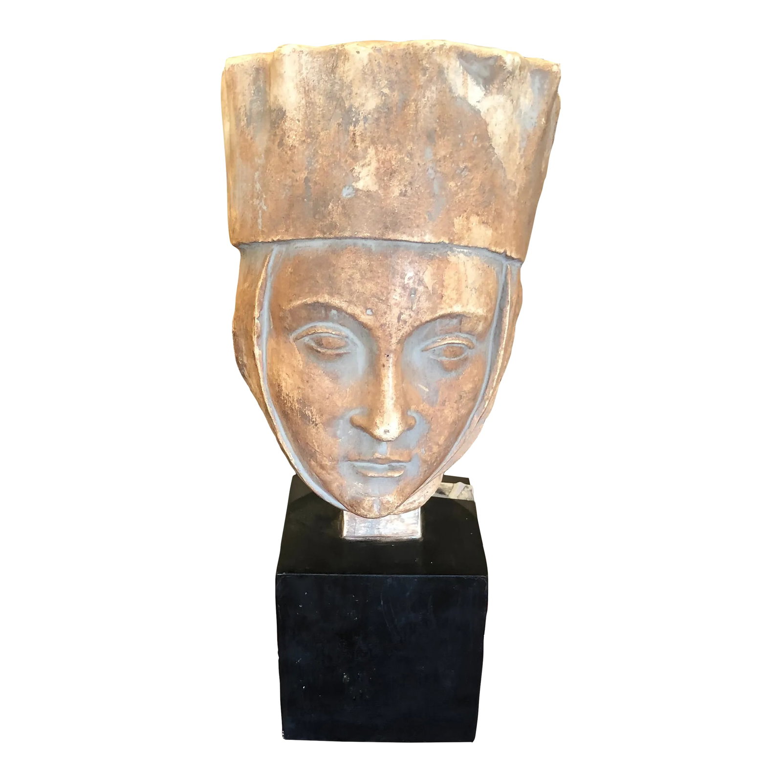 Striking Female Bust of Saint or Princess on Black Cube: Striking composite bust of female in period head dress. Perhaps she is a saint or princess. Signed on bottom. Base is a black cube, 4.5" x 4.5" Condition: Alterations: Original Condition Unaltered Imp