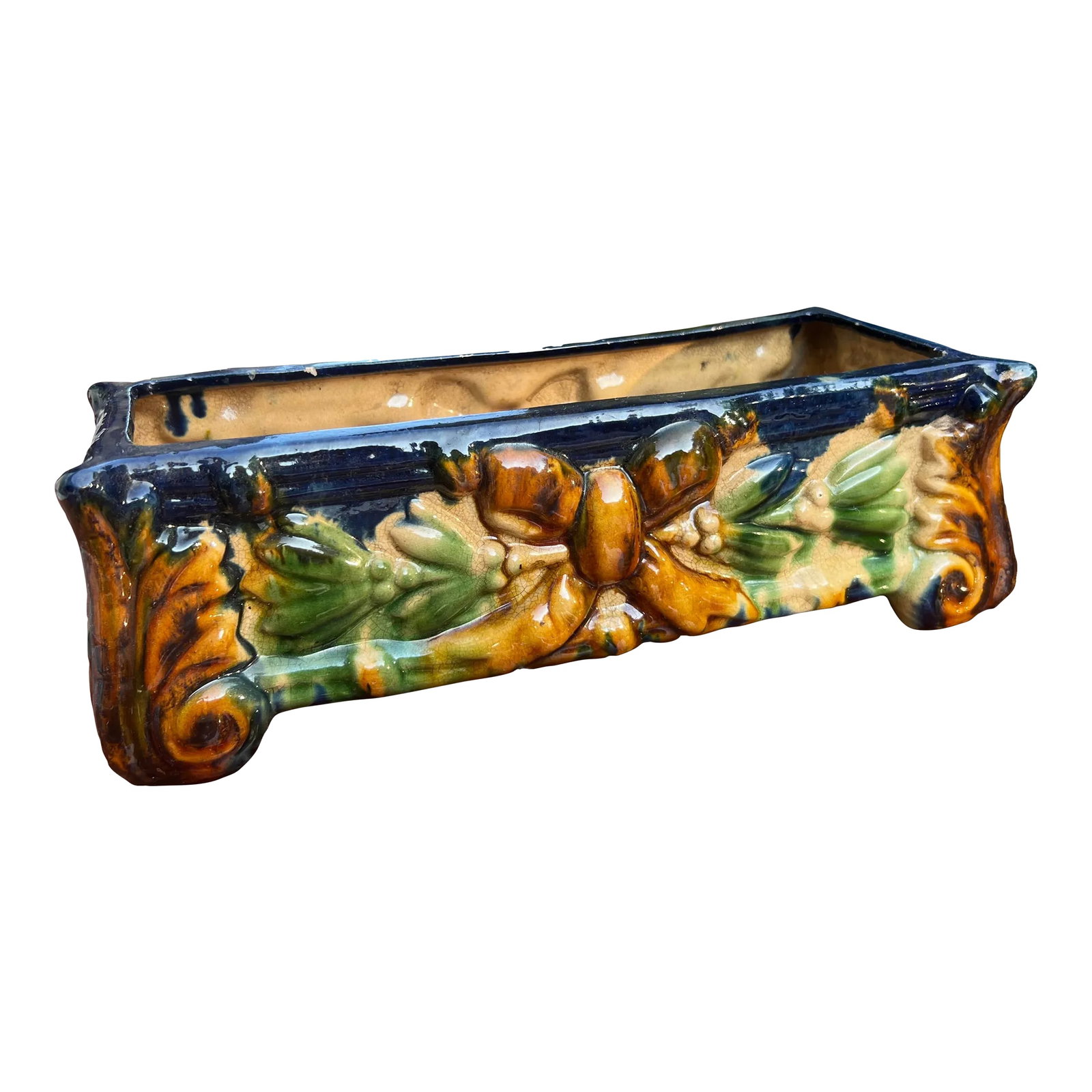 1970s Majolica Style Ceramic Rectangular Planter: Beautiful majolica planter with a gorgeous patina and colors. Can be used as is or as a planter or bowl. Check out my other listings. Condition: Alterations: Original Condition Unaltered