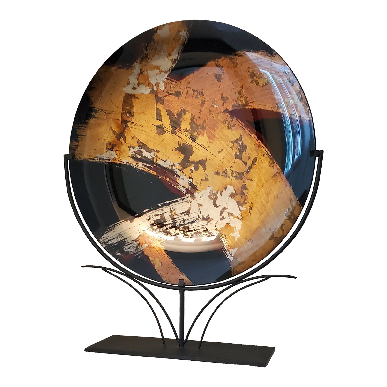 2000s Tony Evans Metal Plate Art on Wrought Iron Stand: From Tony Evans Design Center. Painting on metal large metal plate that was coated and fired in a kiln, creating a durable finish. Condition: Alterations: Original Condition Unaltered Imperfections: