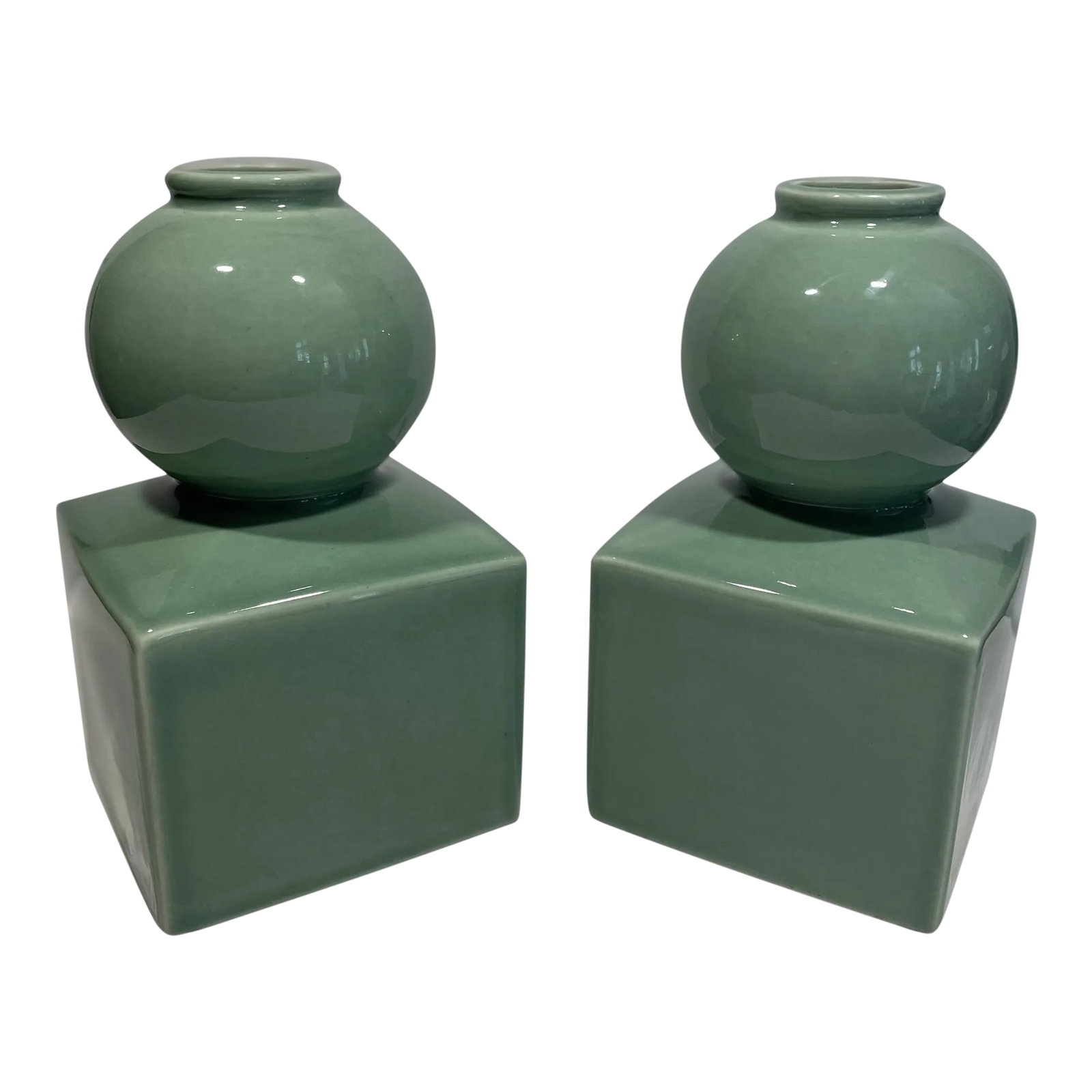 Celedon Ceramic Vases or Bookends in the Style of Serena & Lily - a Pair: Love this pair of vases or bookends. They are beautifully proportioned and well-weighted. The glazed ceramic has a bit more hint of blue in the color, than these photos seem to show. There is