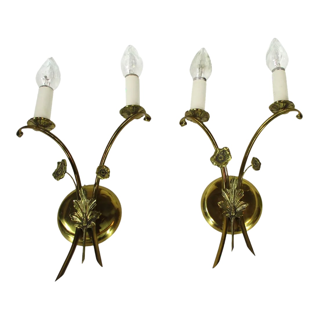 Pair of 1940s-50's Swedish Wall Sconce Lights Made of Brass Ornamental Flower Decorations: This pair of Vintage 1940s-50's Swedish wall Sconce lights are made of brass with ornamental Flower decorations. The sconces were most likely custom made, probably by Ystad Metal. Would look good in a