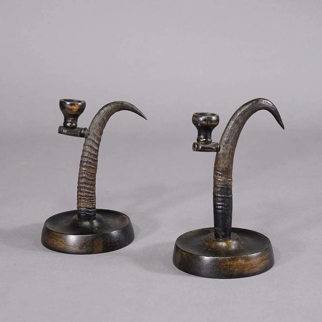 A Pair Lovely Antique Candle Holders With Chamois Horns - 2