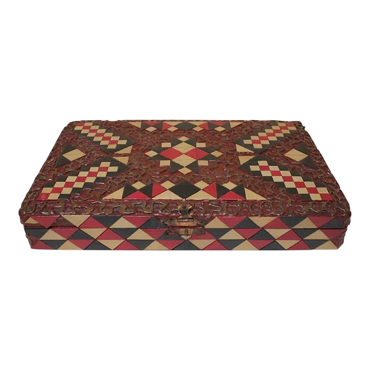 Vintage Italian Harlequin Decorative Hinged Box With Maritime Litho Lined Interior: Unique burgundy and gold resin-coated wooden box with hand-cut and painted beige, red, and black triangle and diamond decoration (appearing almost as a marquetry composition but the shapes are applied
