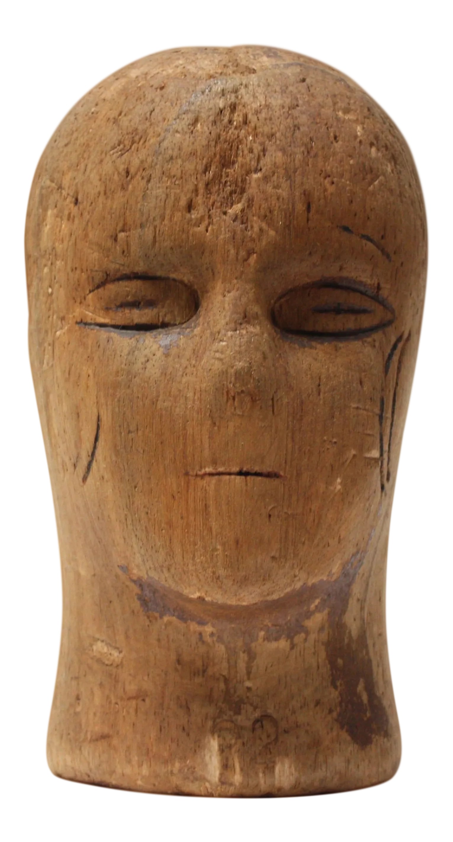 1930s Primitive Cork Mannequin Display Head: Circa 1930s Primitive mannequin head for hat display or for use as a striking decorative object. Composed entirely of cork with burned facial detail. Spots of discoloration / loss commensurate with