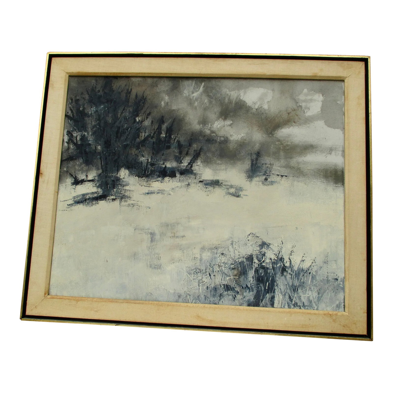 Lewis Bryden" Winters Day" on Canvas Mid-Century: Lewis Bryden (born 1944 USA, ) Expressionist landscape art of snowy winter scene. Boldy painted in broad strokes and quick expressionist washes of soft colors. Minimal and graphic in style, with