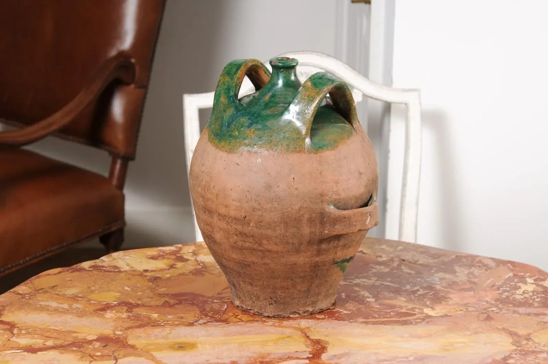 French Provincial 19th Century Green Glazed Pottery Jug with Dual Handles - 10