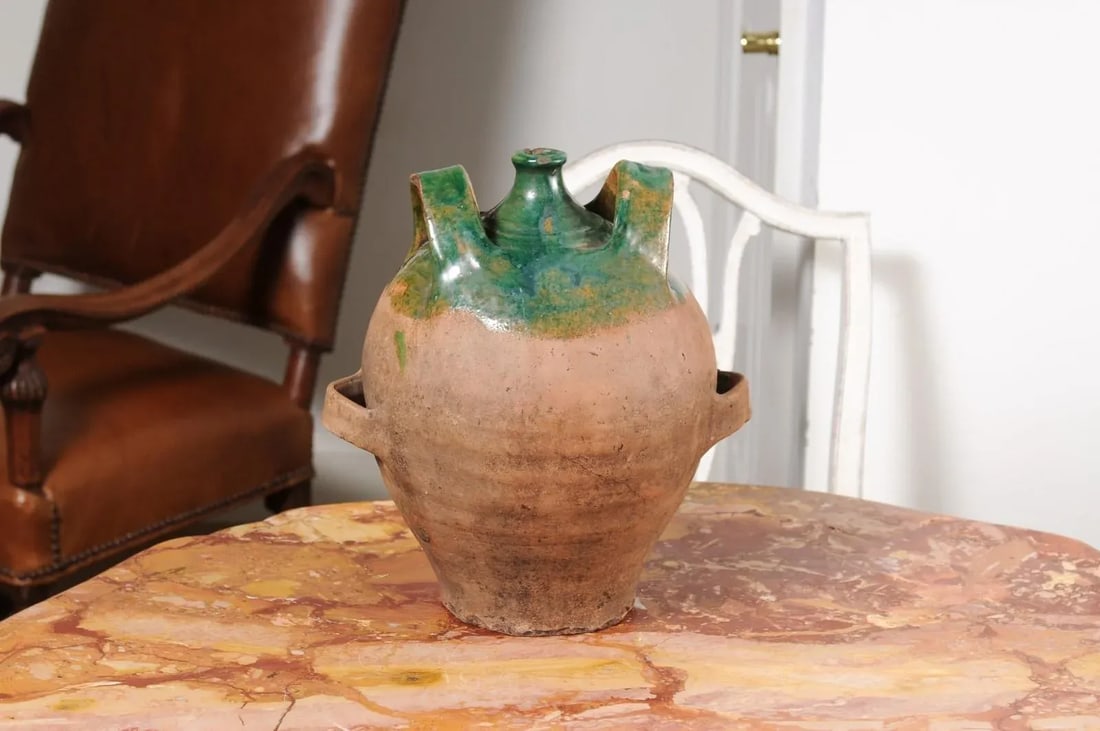French Provincial 19th Century Green Glazed Pottery Jug with Dual Handles - 11