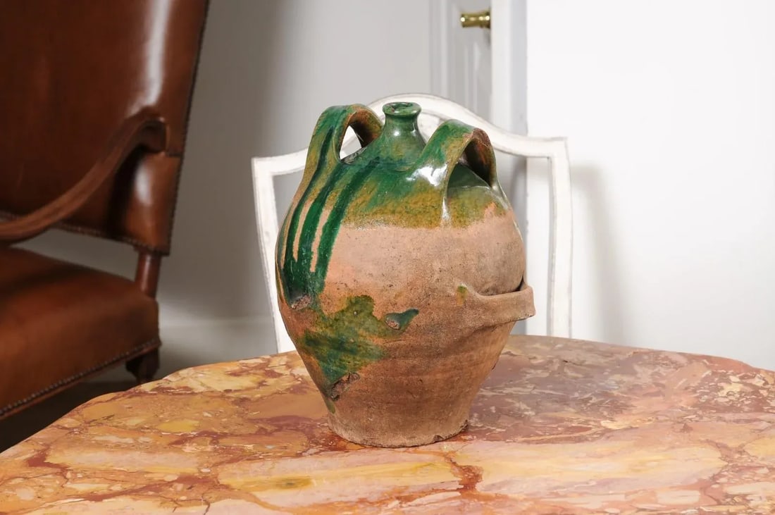 French Provincial 19th Century Green Glazed Pottery Jug with Dual Handles - 4