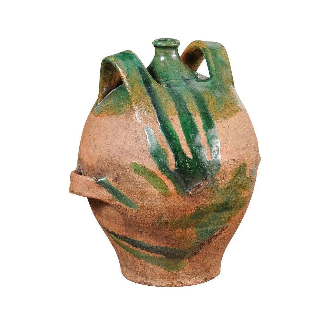 French Provincial 19th Century Green Glazed Pottery Jug with Dual Handles - 5