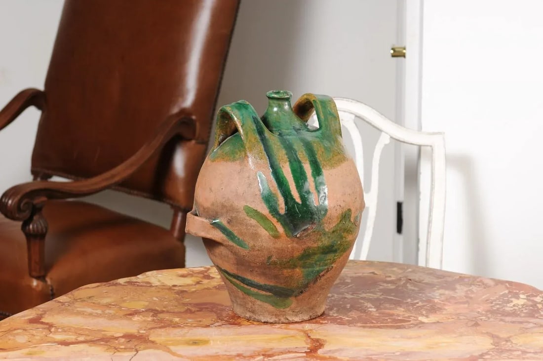 French Provincial 19th Century Green Glazed Pottery Jug with Dual Handles - 6