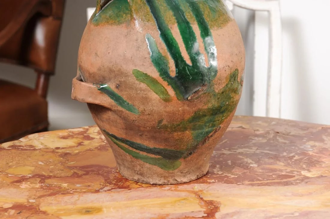 French Provincial 19th Century Green Glazed Pottery Jug with Dual Handles - 8