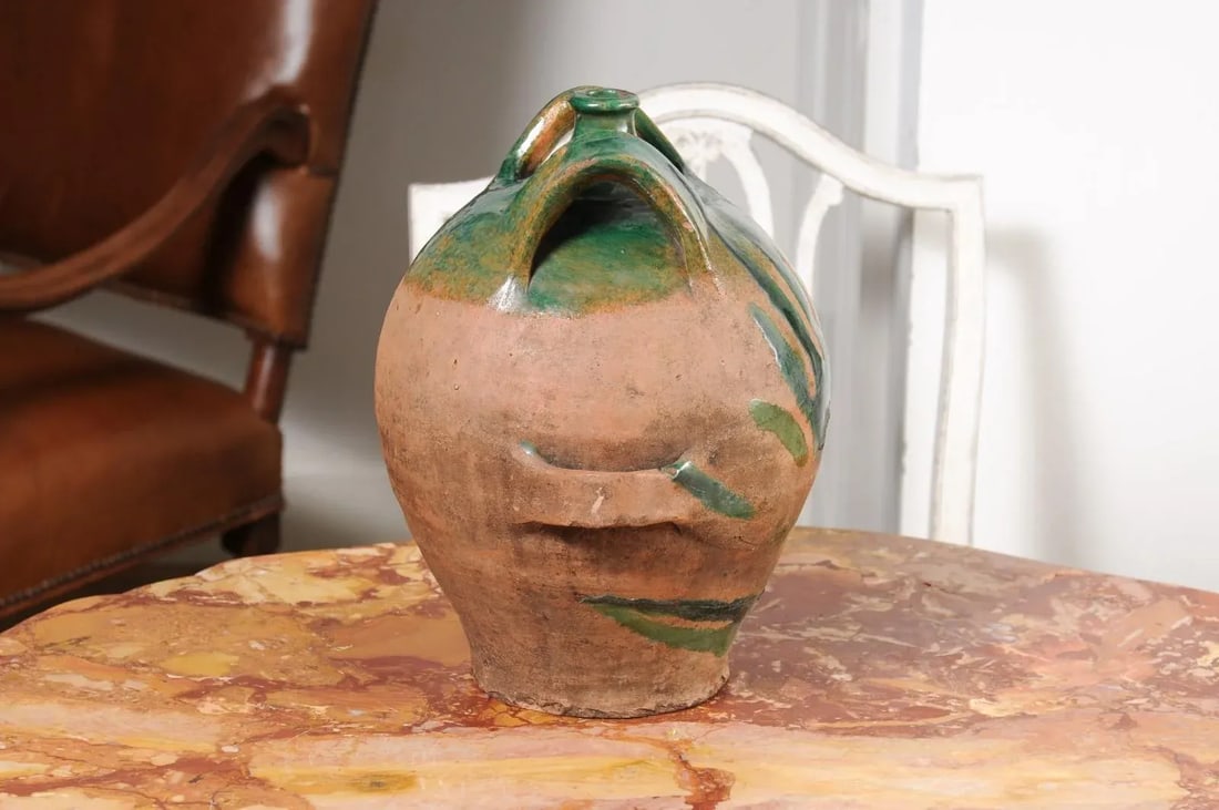 French Provincial 19th Century Green Glazed Pottery Jug with Dual Handles - 9