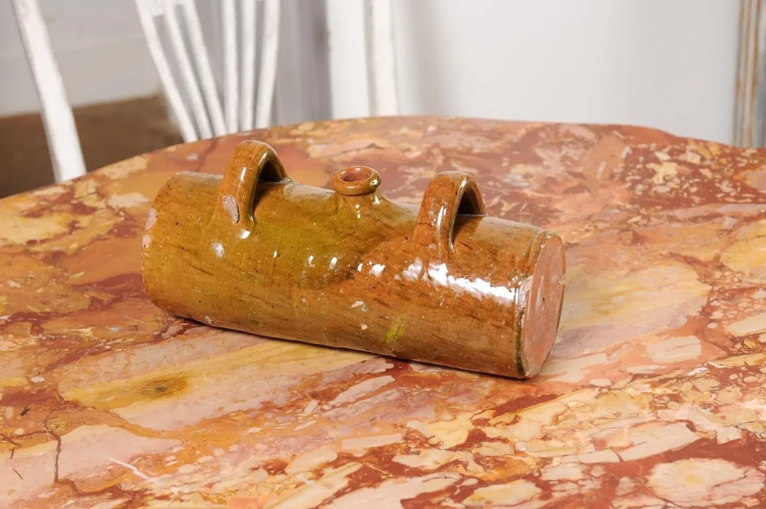 French Glazed Pottery Bouillotte Hot Water Bottle with Two Handles from Normandy - 11