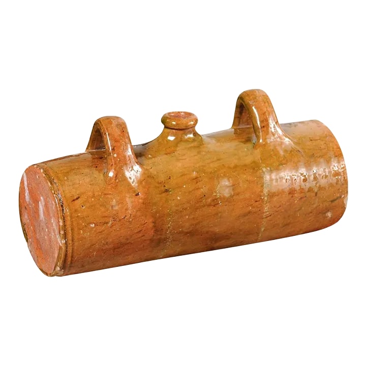 French Glazed Pottery Bouillotte Hot Water Bottle with Two Handles from Normandy: A French glazed pottery "bouillotte" from Normandy, 19th century, with two loop handles and central filling hole. Immerse yourself in the charm of rustic French countryside with this exquisite